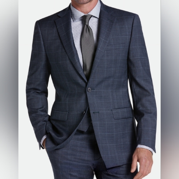 Calvin Klein X Slim Fit blue windowpane print 3 piece Size 44R Coat 36R Pant - Picture 11 of 16